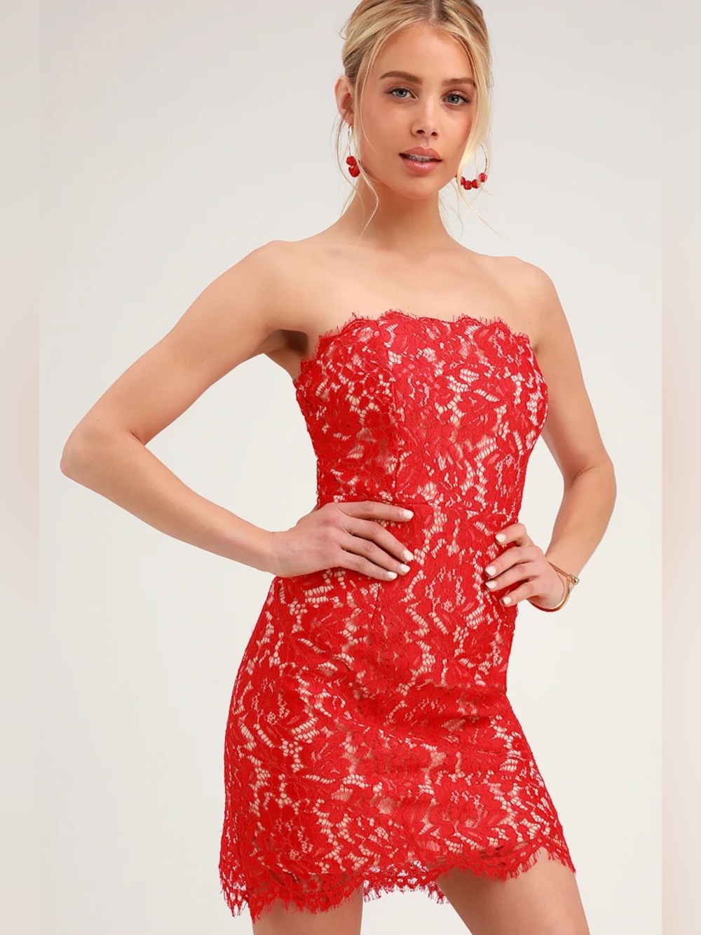 Lulu's Red Strapless Lace Sheath Dress